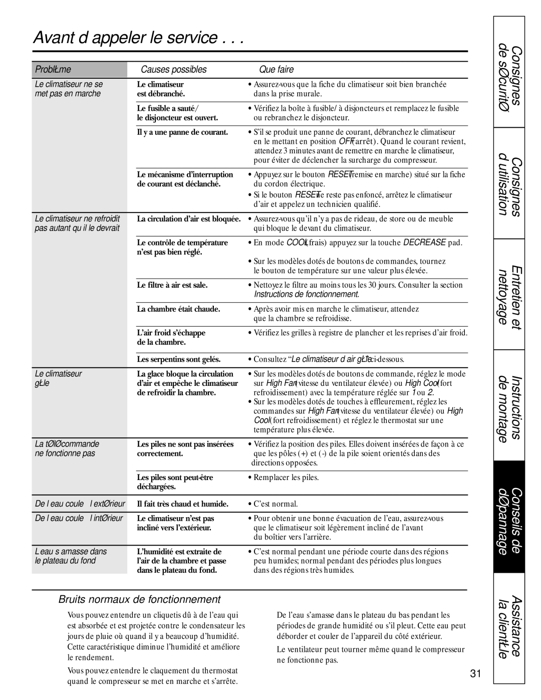 GE AEM10 owner manual Avant d’appeler le service, Bruits normaux de fonctionnement, Problème Causes possibles Que faire 