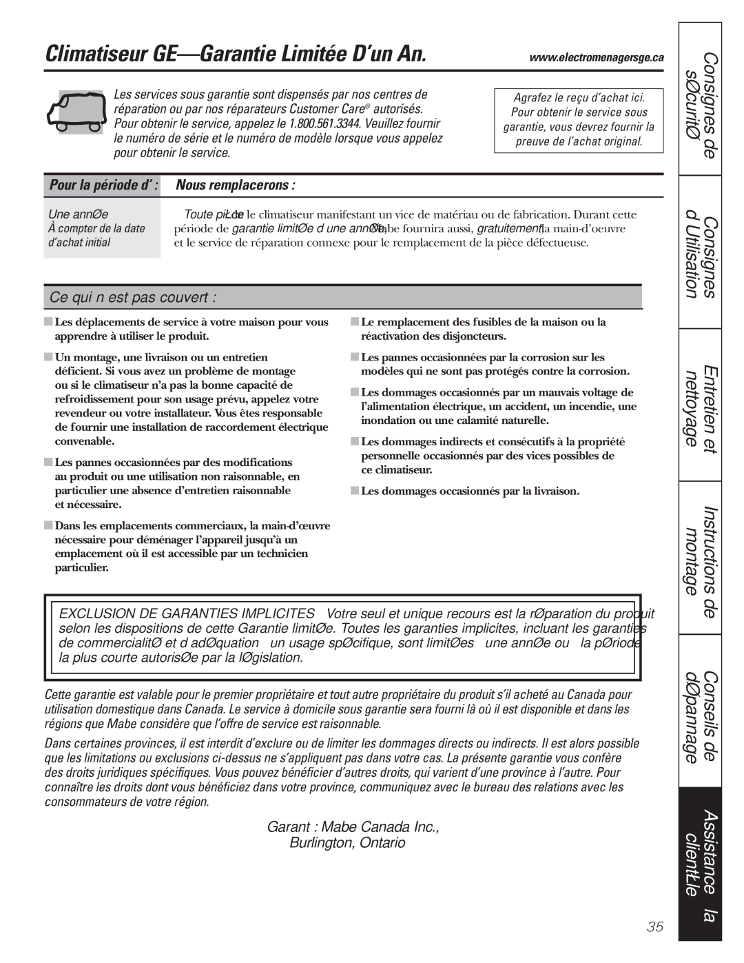 GE AEM10 Nous remplacerons, Ce qui n’est pas couvert, Garant Mabe Canada Inc Burlington, Ontario, Pour la période d’ 