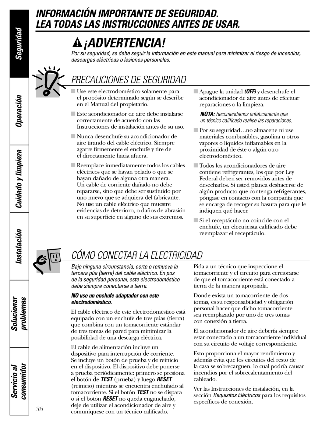 GE AEM10 owner manual Operación Instalación Cuidado y limpieza, Solucionar Problemas, No use un enchufe adaptador con este 