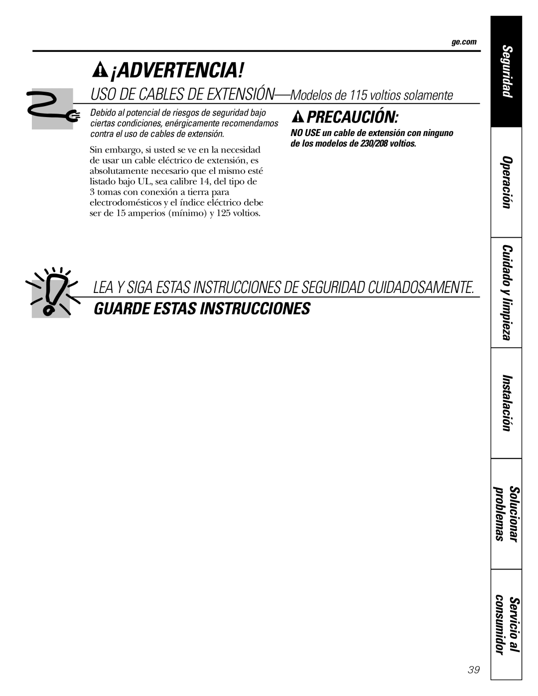 GE AEM10 owner manual Precaución, Cuidado y limpieza Instalación Problemas Solucionar 