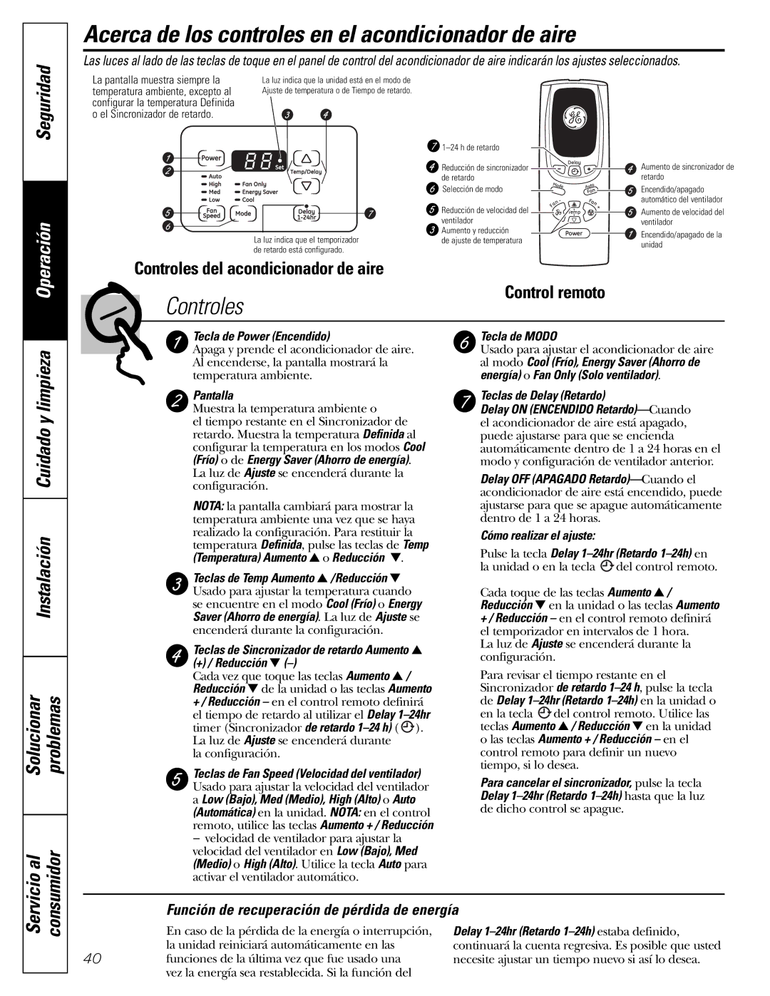 GE AEM10 Acerca de los controles en el acondicionador de aire, Seguridad, Función de recuperación de pérdida de energía 