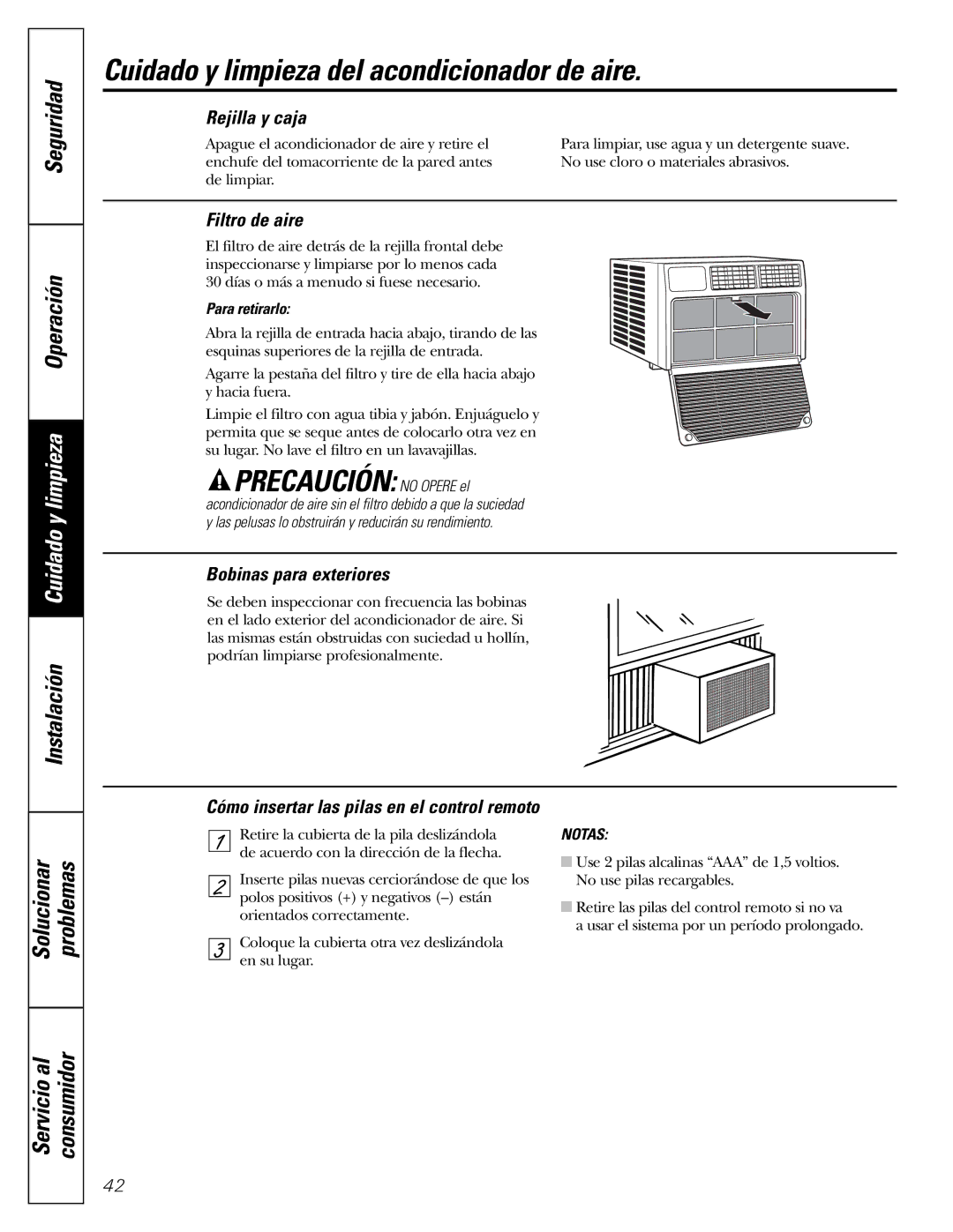 GE AEM10 owner manual Cuidado y limpieza del acondicionador de aire, Precaución no Opere el, Seguridad Operación 