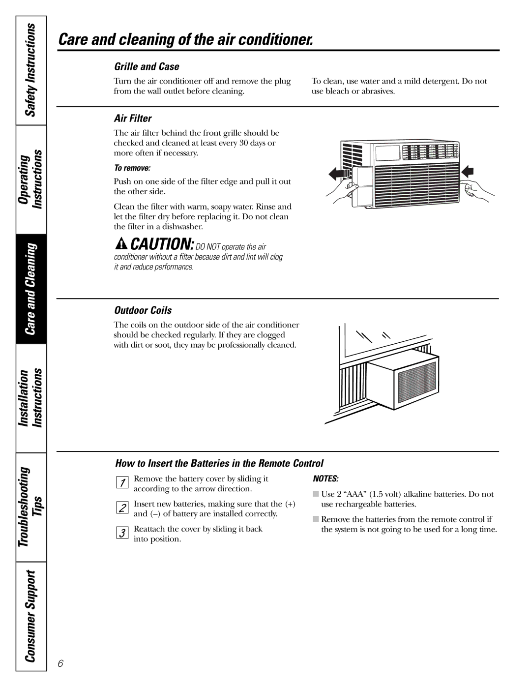 GE AEM10 Care and cleaning of the air conditioner, Safety Instructions, Operating Instructions, Installation Instructions 