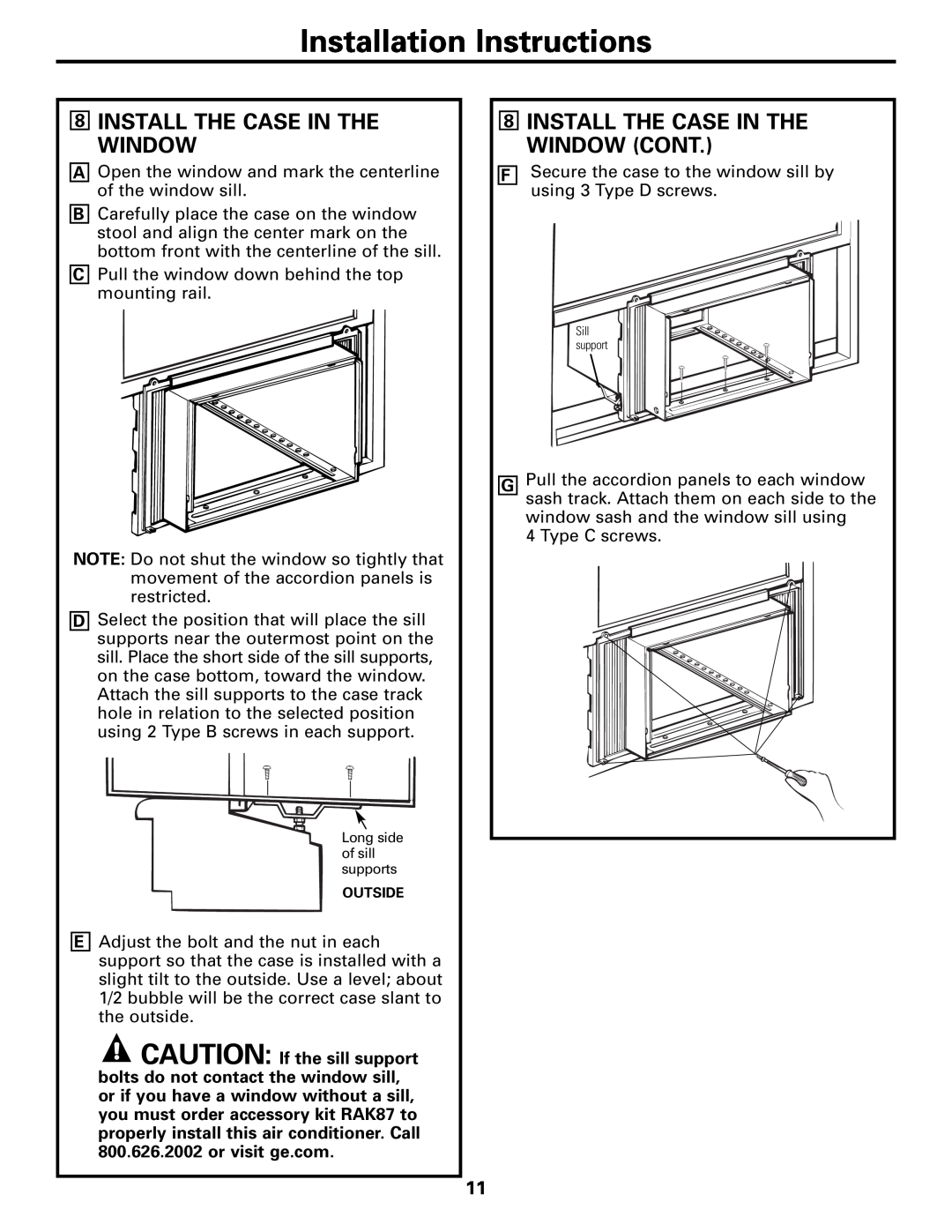 GE AEM10 owner manual Install The Case In The Window Cont, Installation Instructions 