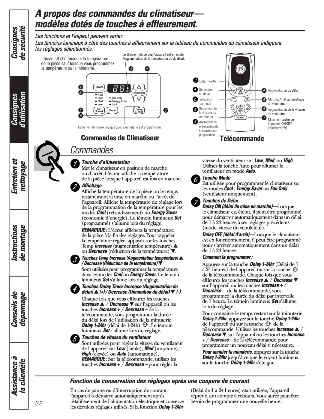 GE AEM10 Consignes, d’utilisation, Commandes du Climatiseur, Télécommande, Les fonctions et l’aspect peuvent varier 