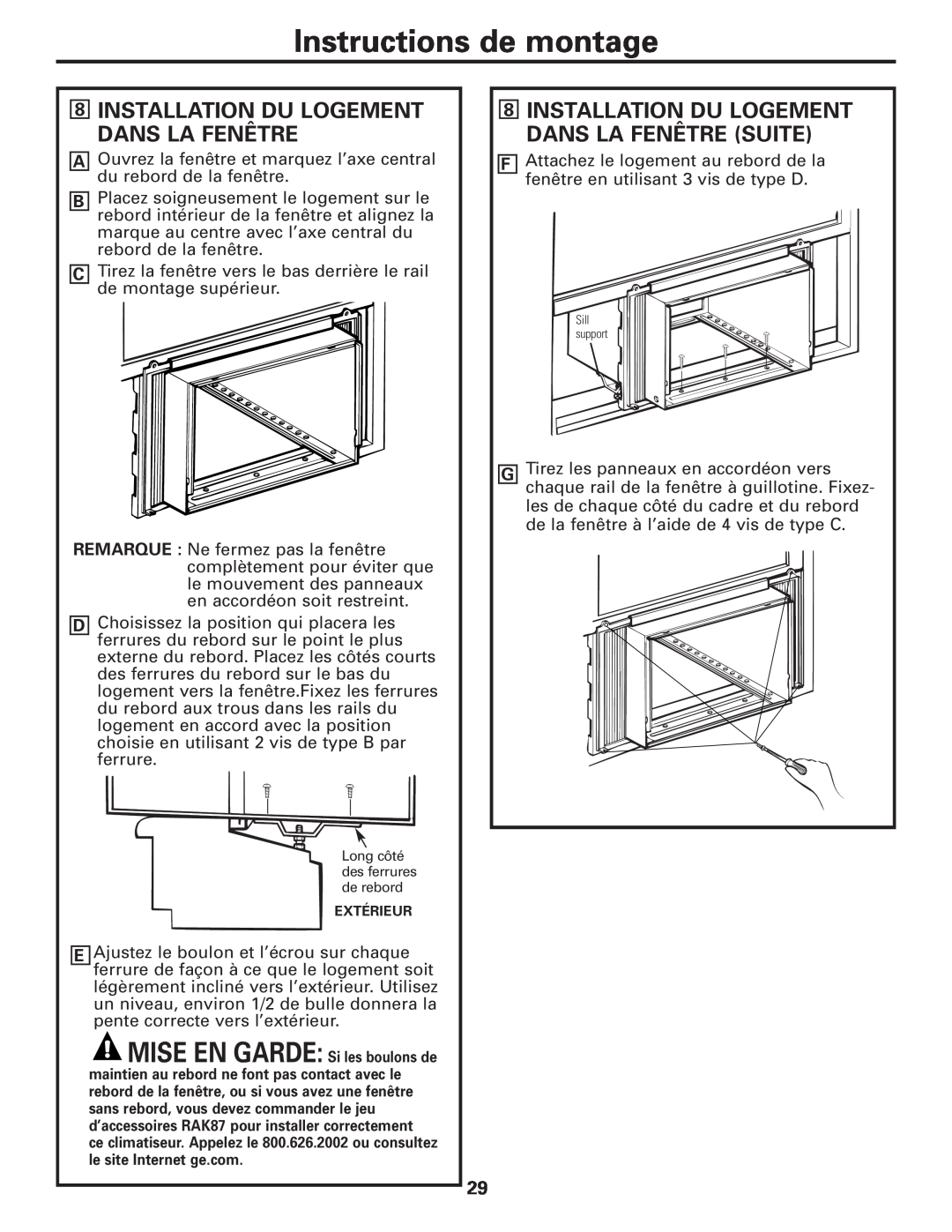 GE AEM10 owner manual Installation Du Logement Dans La Fenêtre Suite, Instructions de montage 