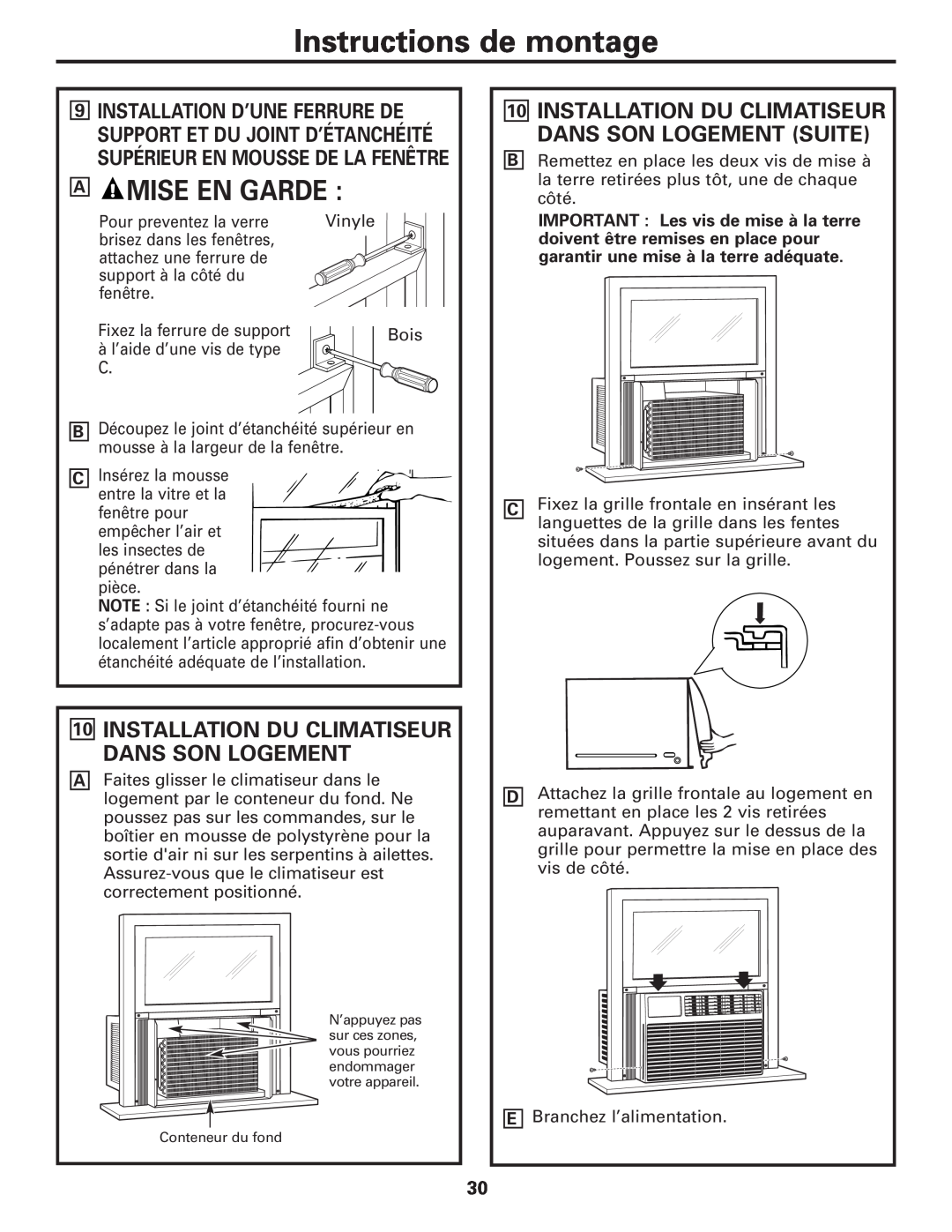 GE AEM10 owner manual A Mise En Garde, Installation Du Climatiseur Dans Son Logement, Instructions de montage 