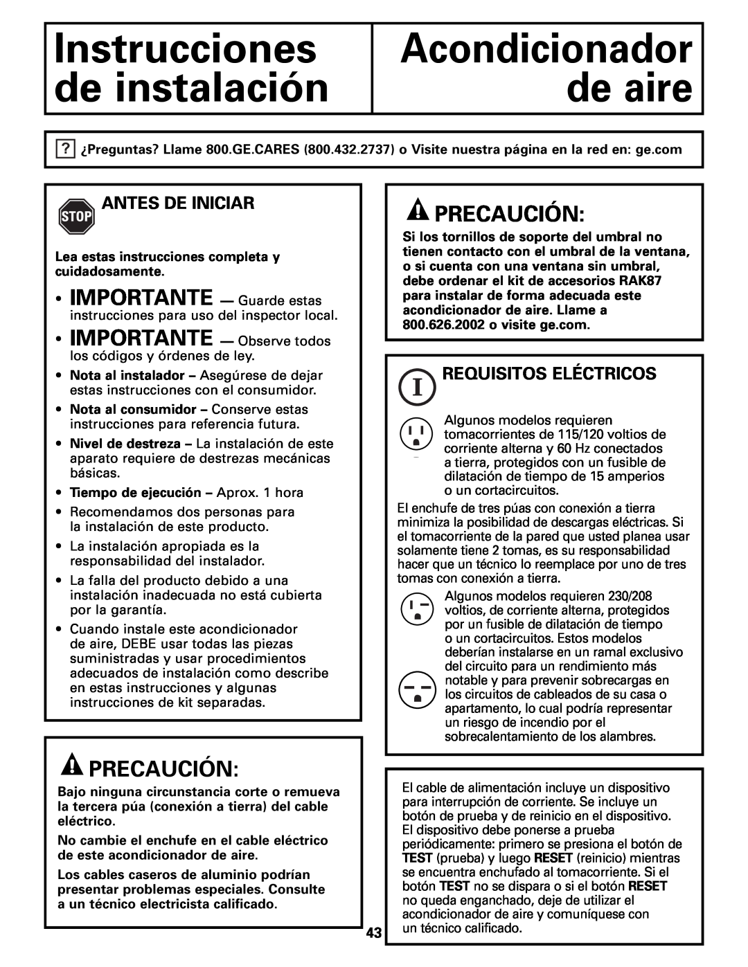 GE AEM10 Instrucciones de instalación, Precaución, Antes De Iniciar, Requisitos Eléctricos, Acondicionador de aire 