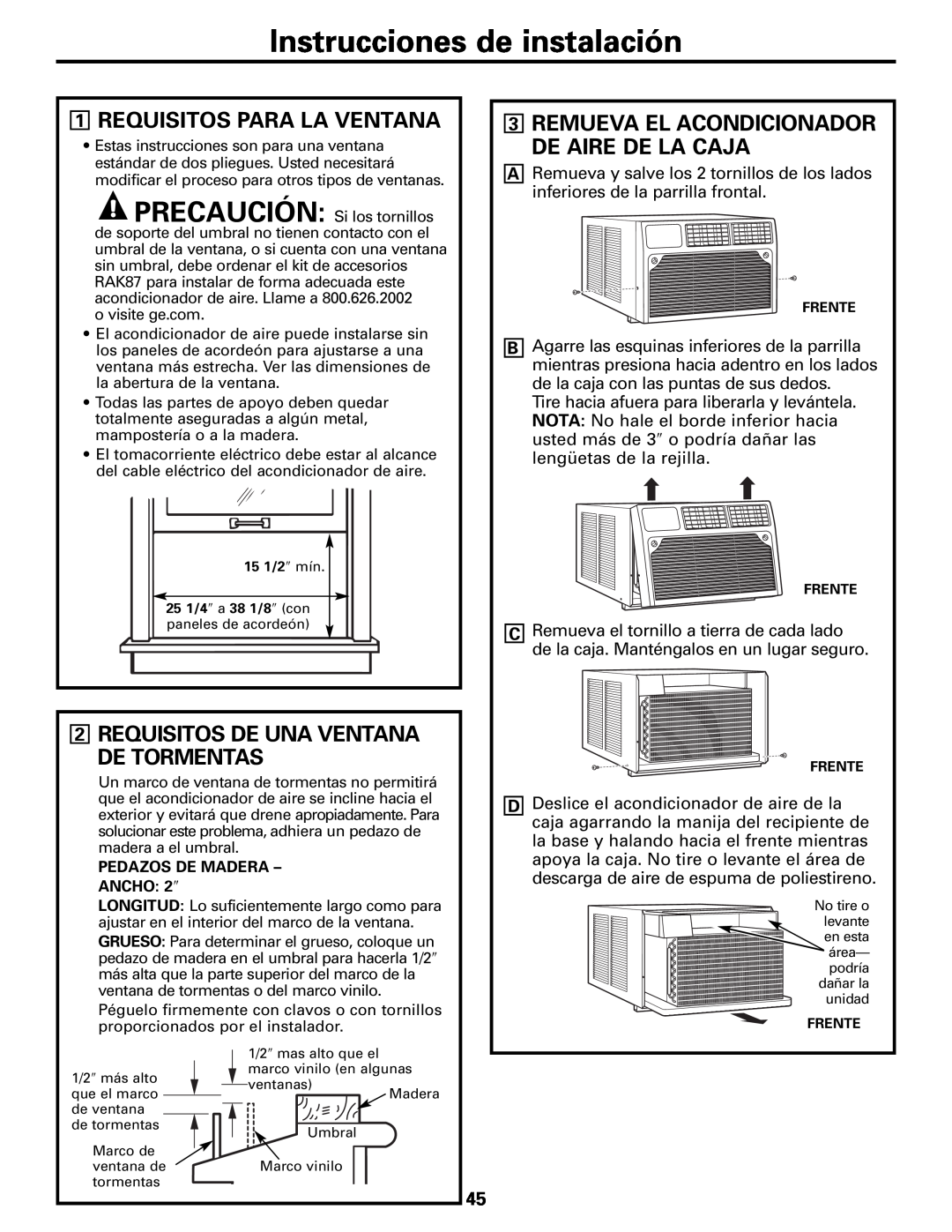 GE AEM10 owner manual Instrucciones de instalación, Requisitos Para La Ventana, Requisitos De Una Ventana De Tormentas 