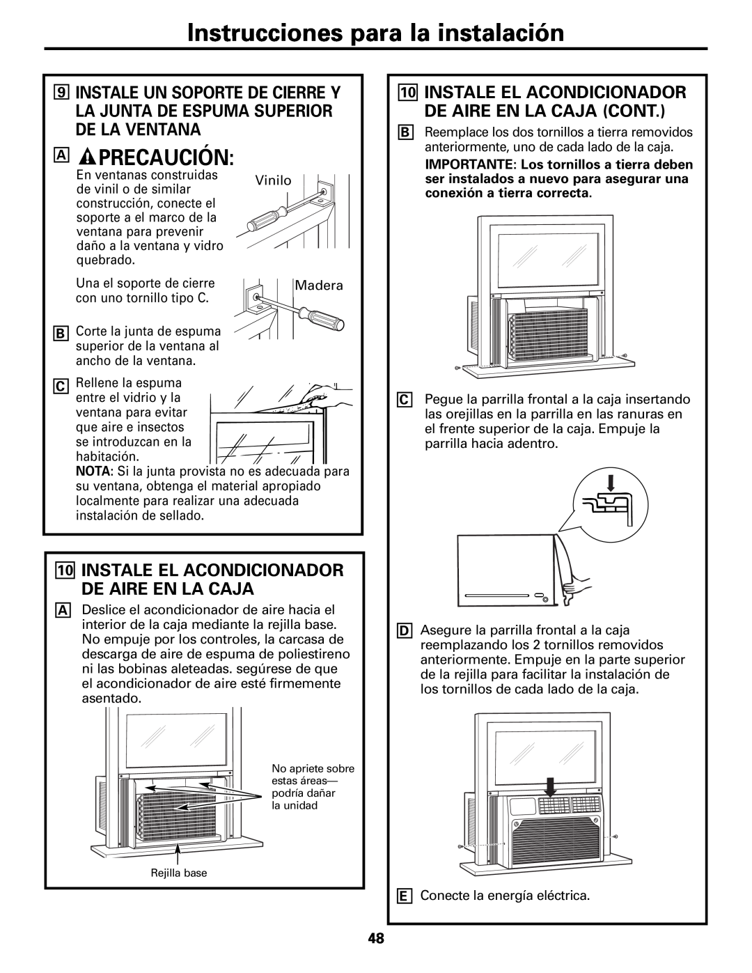GE AEM10 owner manual Instale El Acondicionador De Aire En La Caja Cont, Instrucciones para la instalación, Precaución 