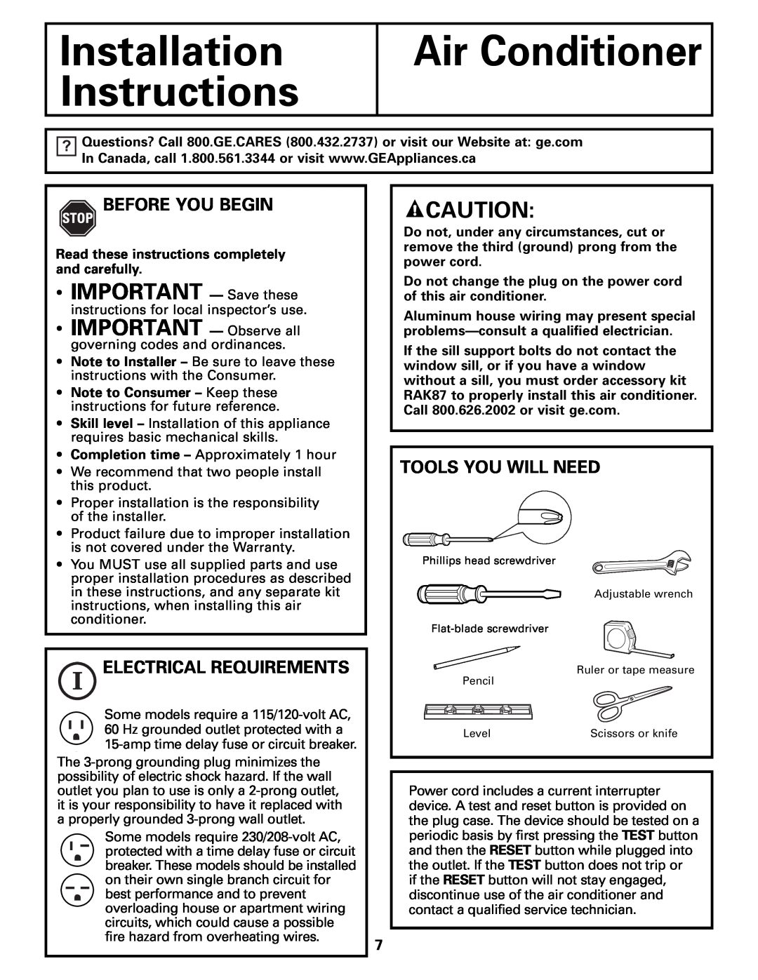 GE AEM10 Installation Instructions, Air Conditioner, IMPORTANT - Save these, Before You Begin, Electrical Requirements 
