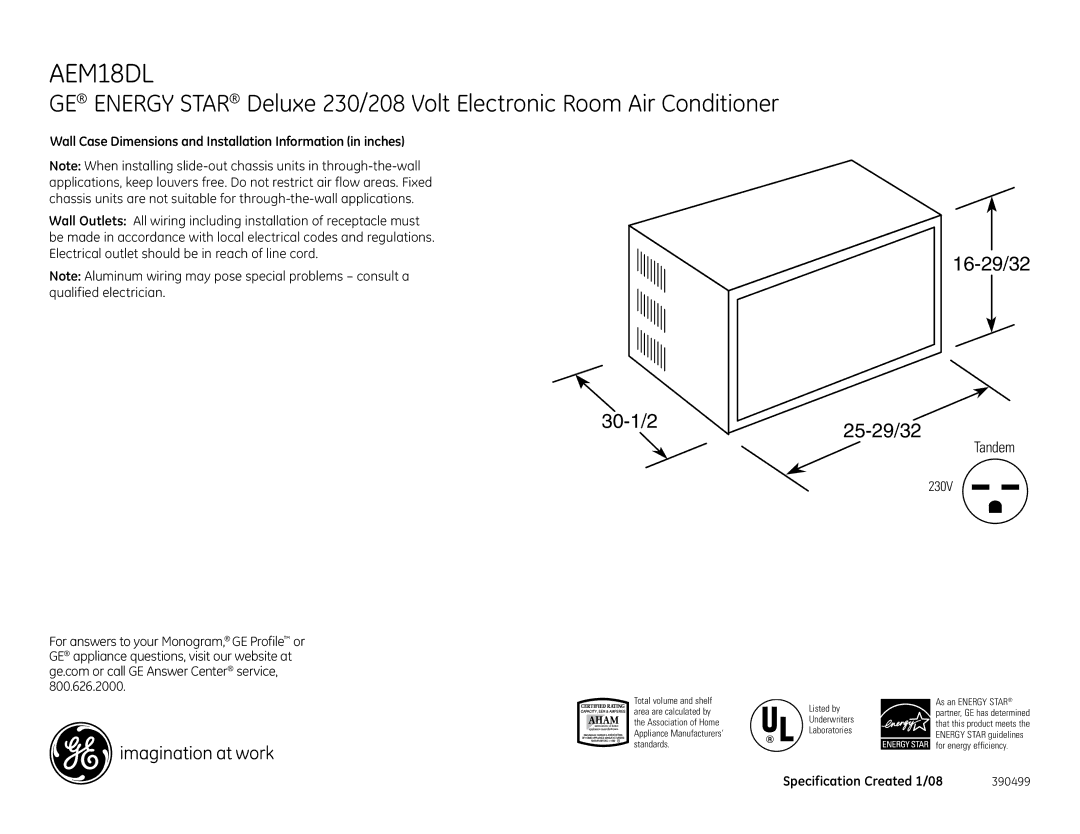 GE AEM18DL dimensions 30-1/2 16-29/32 25-29/32, Tandem, Wall Case Dimensions and Installation Information in inches 