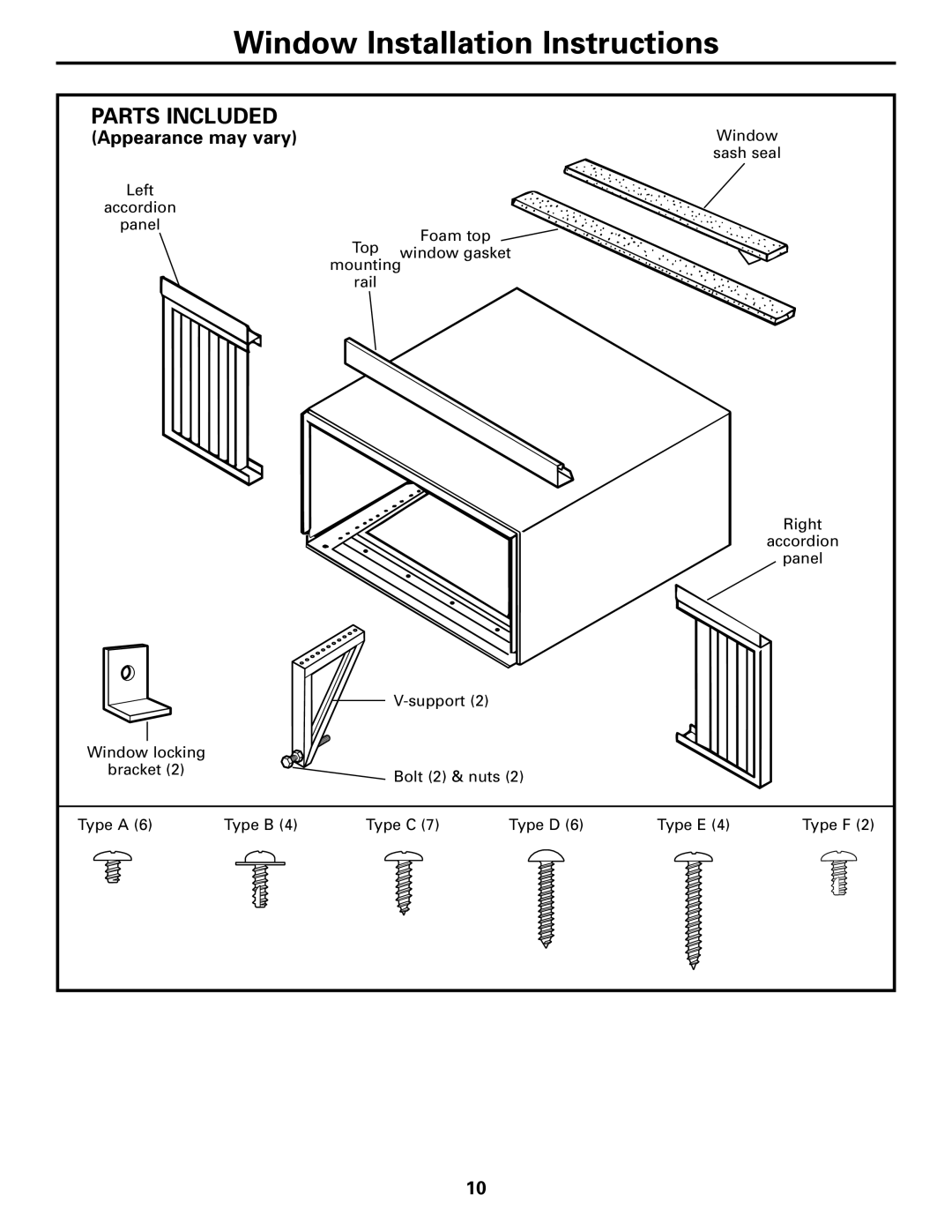 GE AEM18*, AEM25*, AEH25*, AEH18* installation instructions Window Installation Instructions, Parts Included 