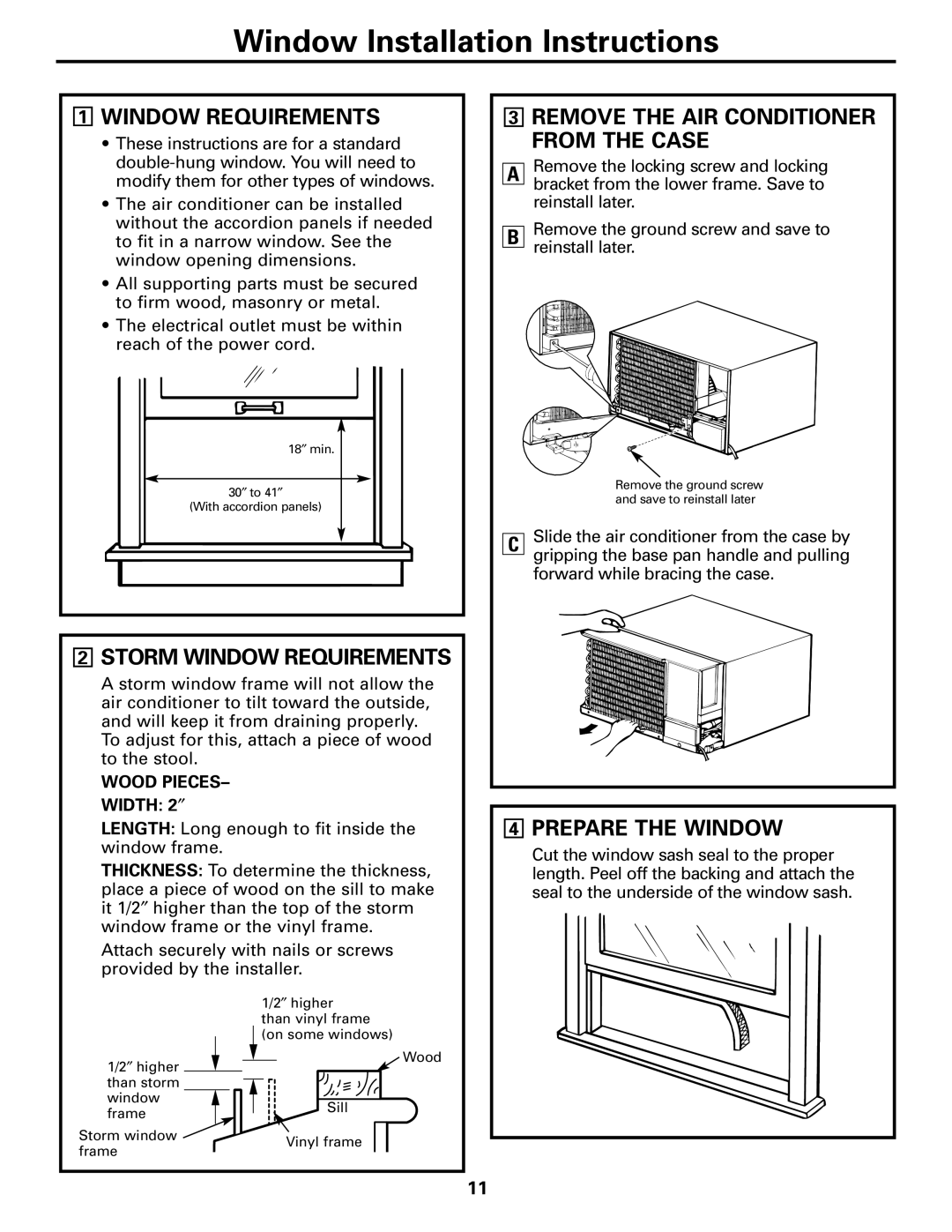 GE AEH18*, AEM25*, AEH25* Storm Window Requirements, Remove the AIR Conditioner from the Case, Prepare the Window 