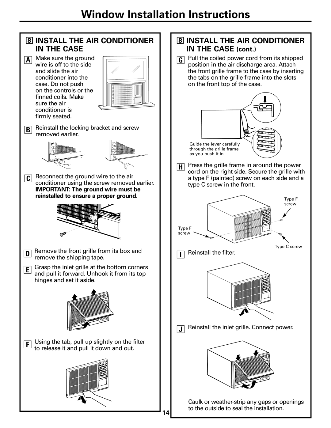 GE AEM18*, AEM25*, AEH25*, AEH18* installation instructions Install the AIR Conditioner in the Case 