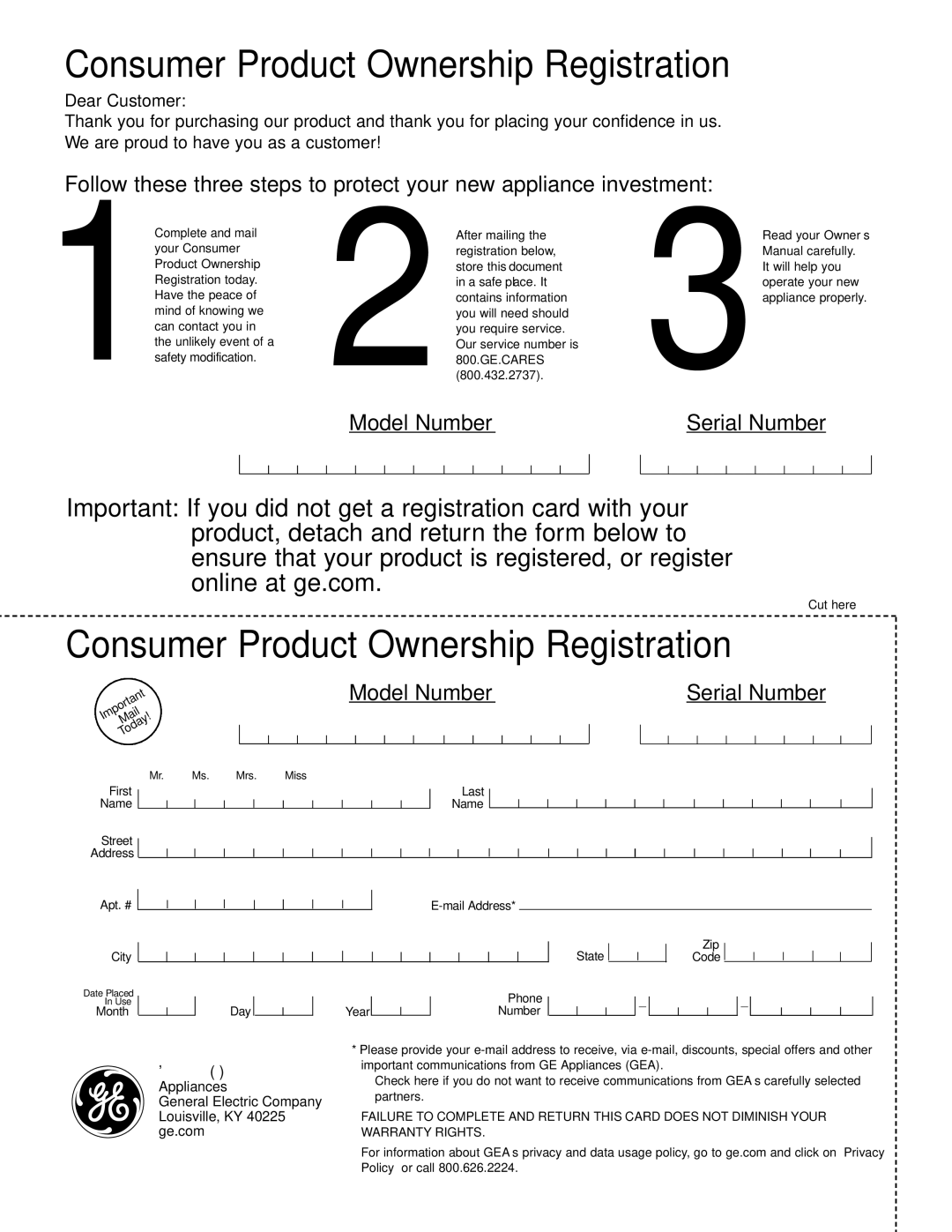 GE AEM18*, AEM25*, AEH25*, AEH18* installation instructions Consumer Product Ownership Registration 