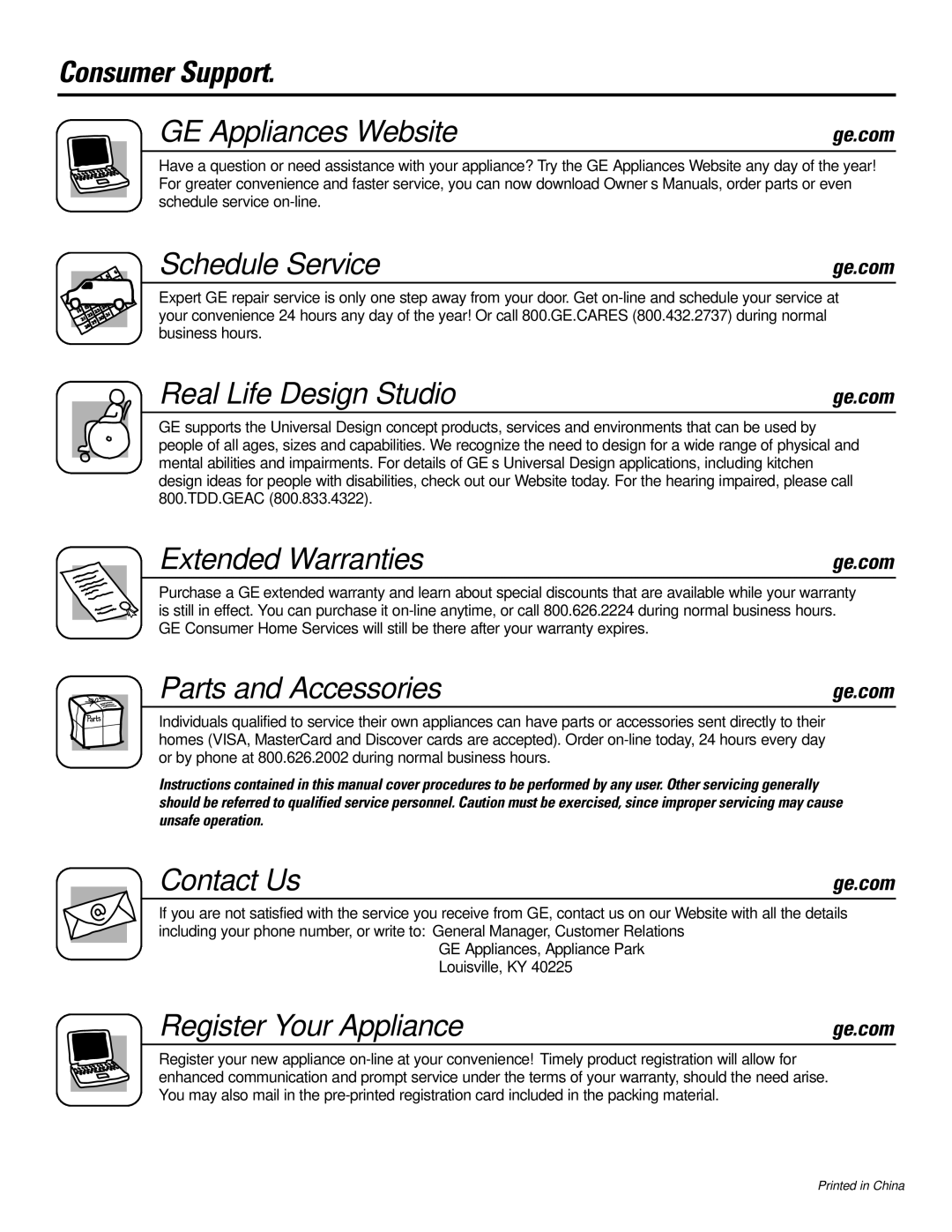 GE AEM25*, AEH25* Consumer Support GE Appliances Website, Schedule Service, Real Life Design Studio, Extended Warranties 