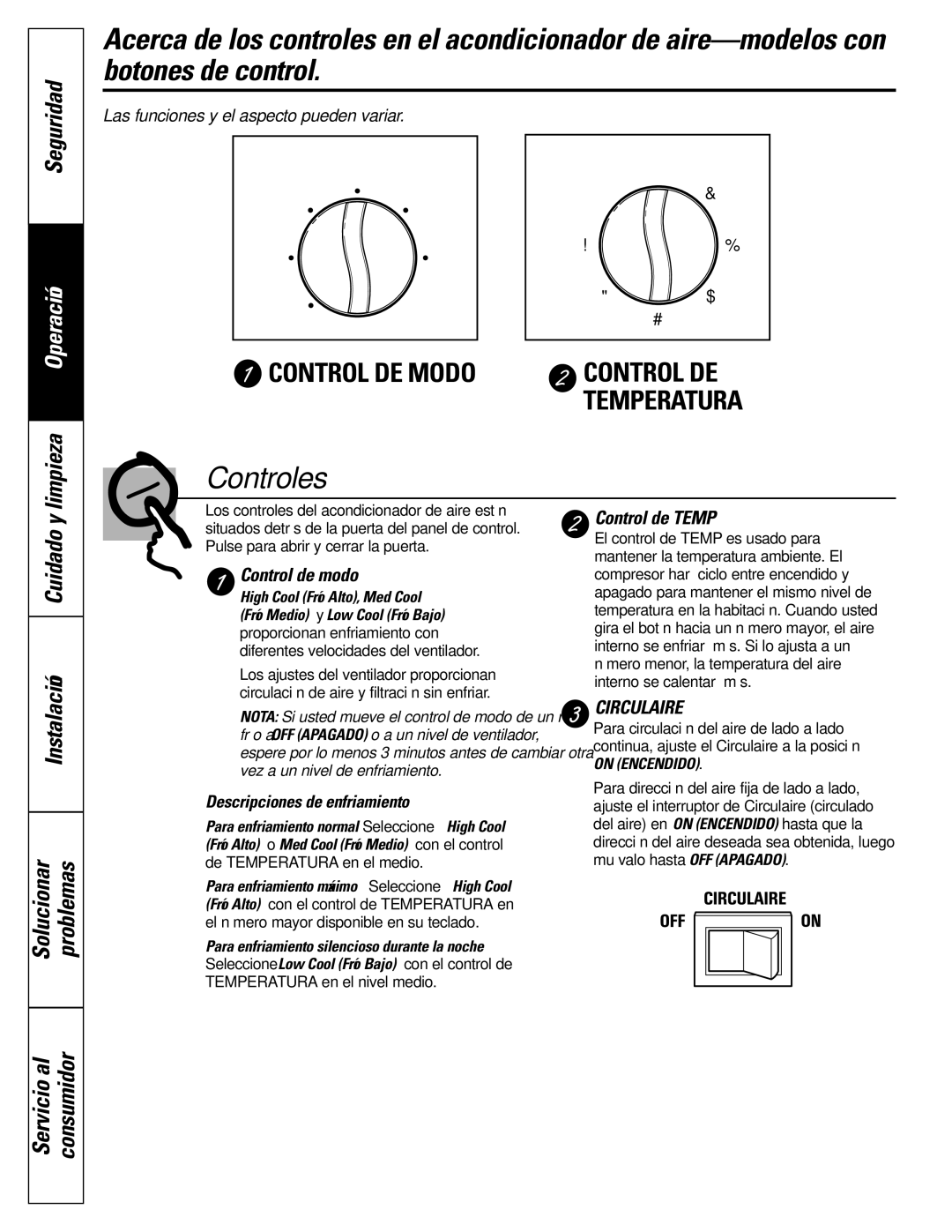 GE AEM18* Instalación Cuidado y Solucionar Problemas, Control de modo, Control de Temp, Descripciones de enfriamiento 