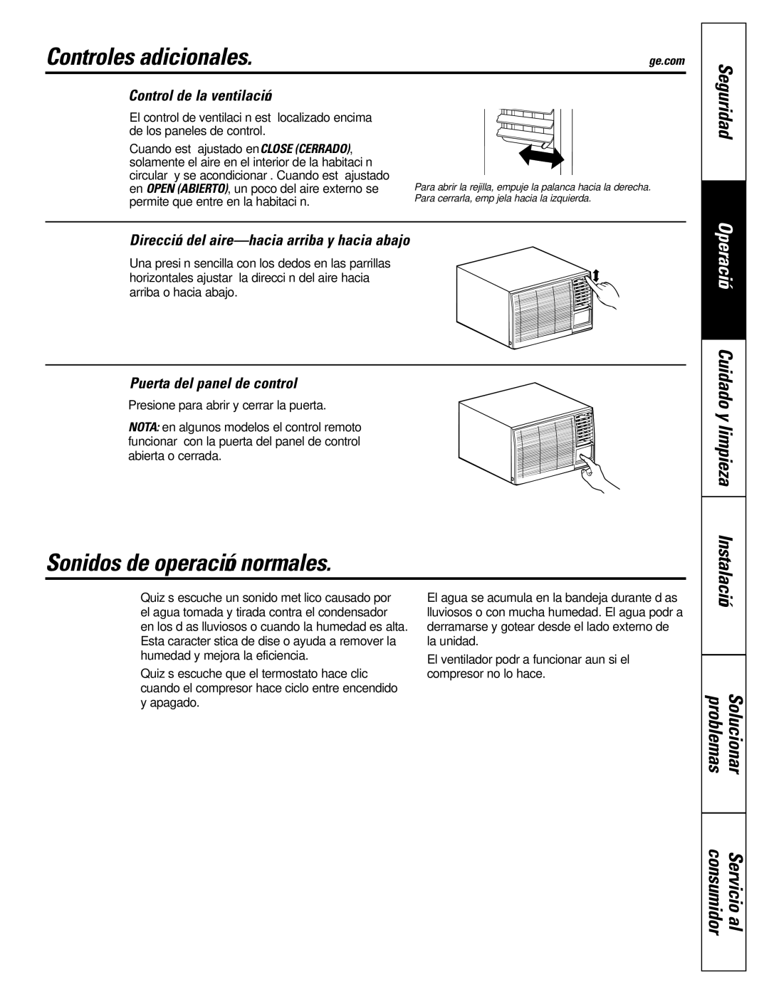 GE AEH18*, AEM25*, AEH25*, AEM18* Controles adicionales, Sonidos de operación normales, Problemas Solucionar 