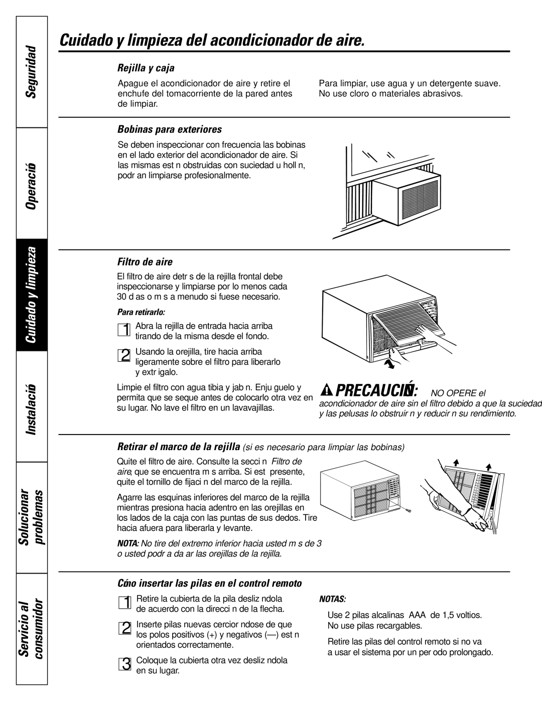 GE AEM25*, AEH25*, AEM18*, AEH18* Cuidado y limpieza del acondicionador de aire, Seguridad Operación, Solucionar Problemas 