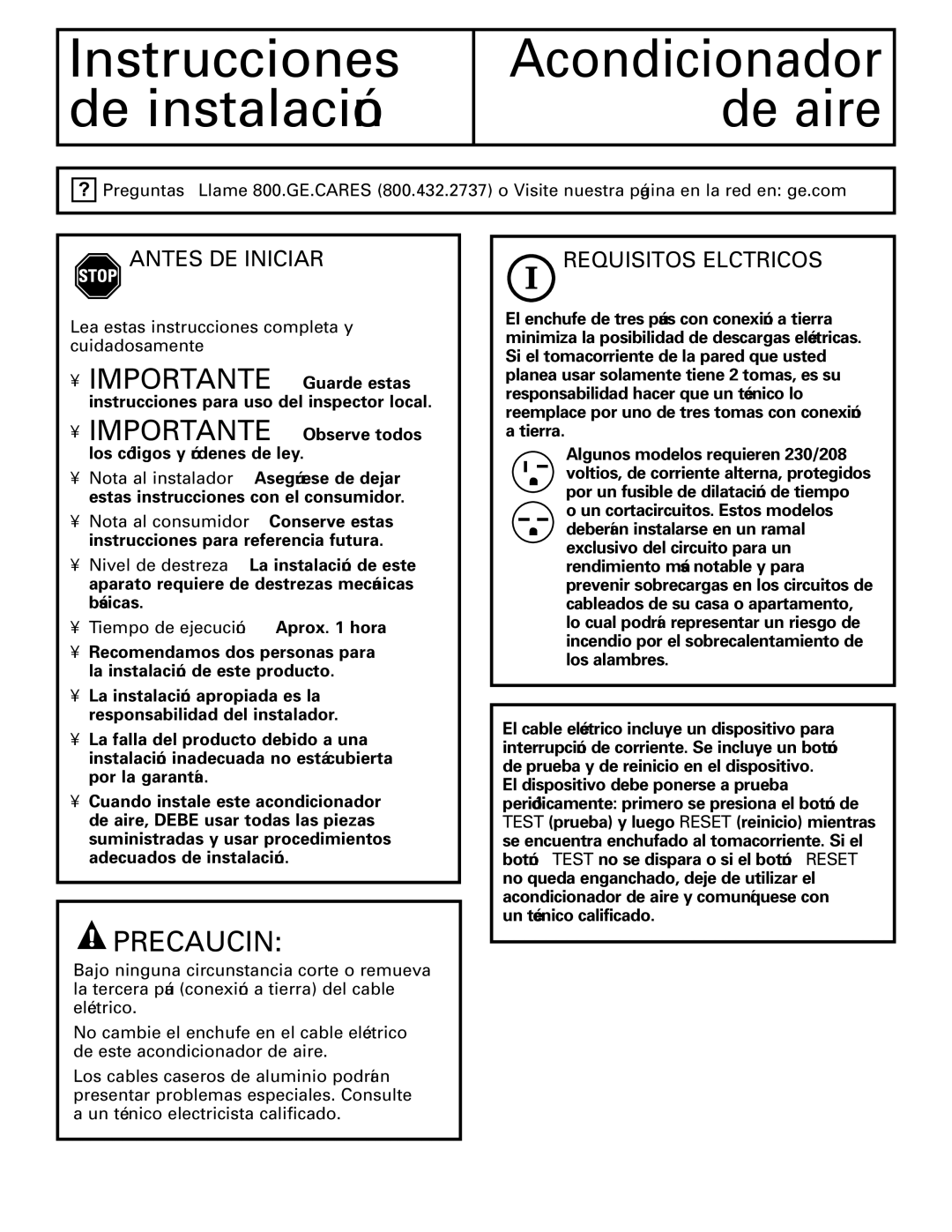 GE AEH25*, AEM25*, AEM18*, AEH18* installation instructions Antes DE Iniciar, Requisitos Eléctricos 