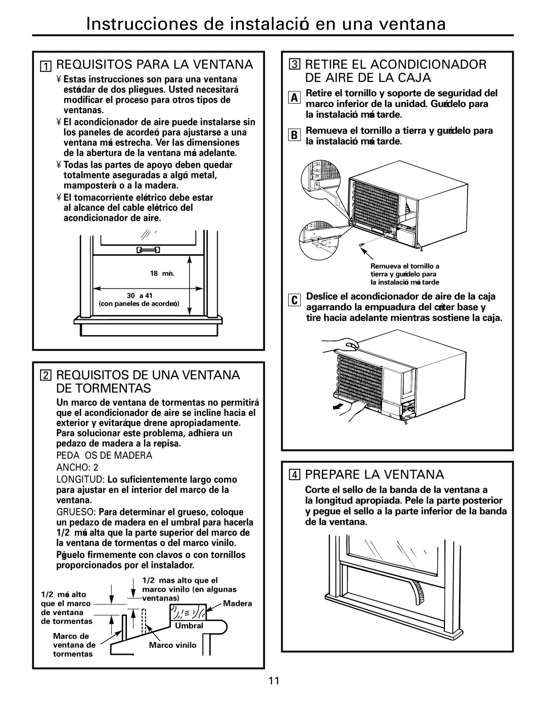 GE AEH18*, AEM25*, AEH25*, AEM18* Requisitos Para LA Ventana, Requisitos DE UNA Ventana DE Tormentas, Prepare LA Ventana 