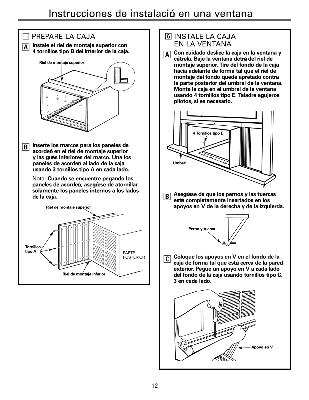 GE AEM25*, AEH25*, AEM18*, AEH18* installation instructions Prepare LA Caja, Instale LA Caja EN LA Ventana 