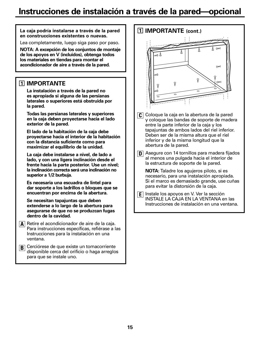 GE AEH18*, AEM25*, AEH25*, AEM18* Instrucciones de instalación a través de la pared-opcional, Importante 