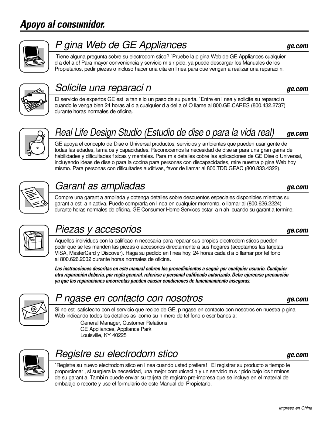 GE AEM25*, AEH25*, AEM18* Apoyo al consumidor Página Web de GE Appliances, Solicite una reparación, Garantías ampliadas 