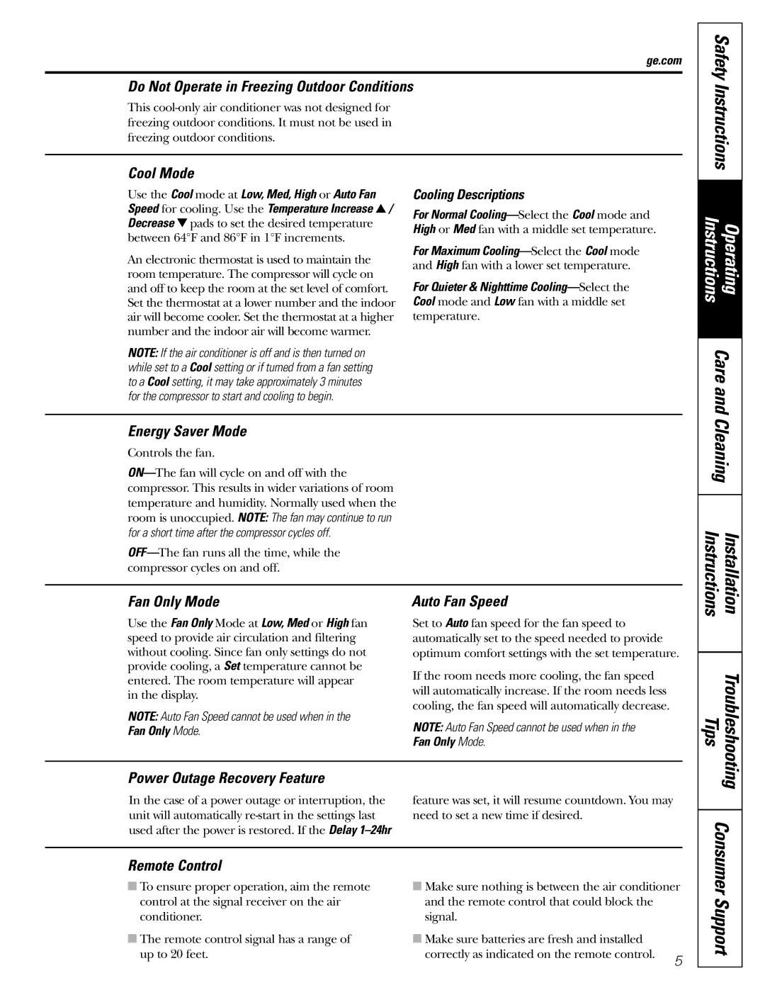 GE AEH25* Do Not Operate in Freezing Outdoor Conditions, Cool Mode Safety Instructions, Energy Saver Mode, Fan Only Mode 