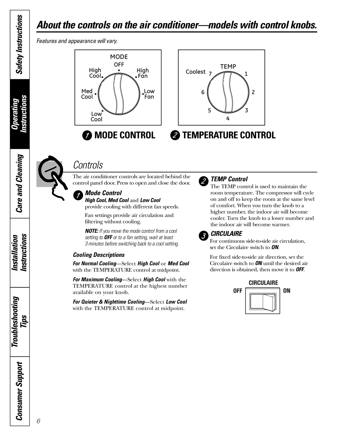 GE AEM18*, AEM25*, AEH25*, AEH18* installation instructions Instructions, Care, Mode Control, Temp Control 