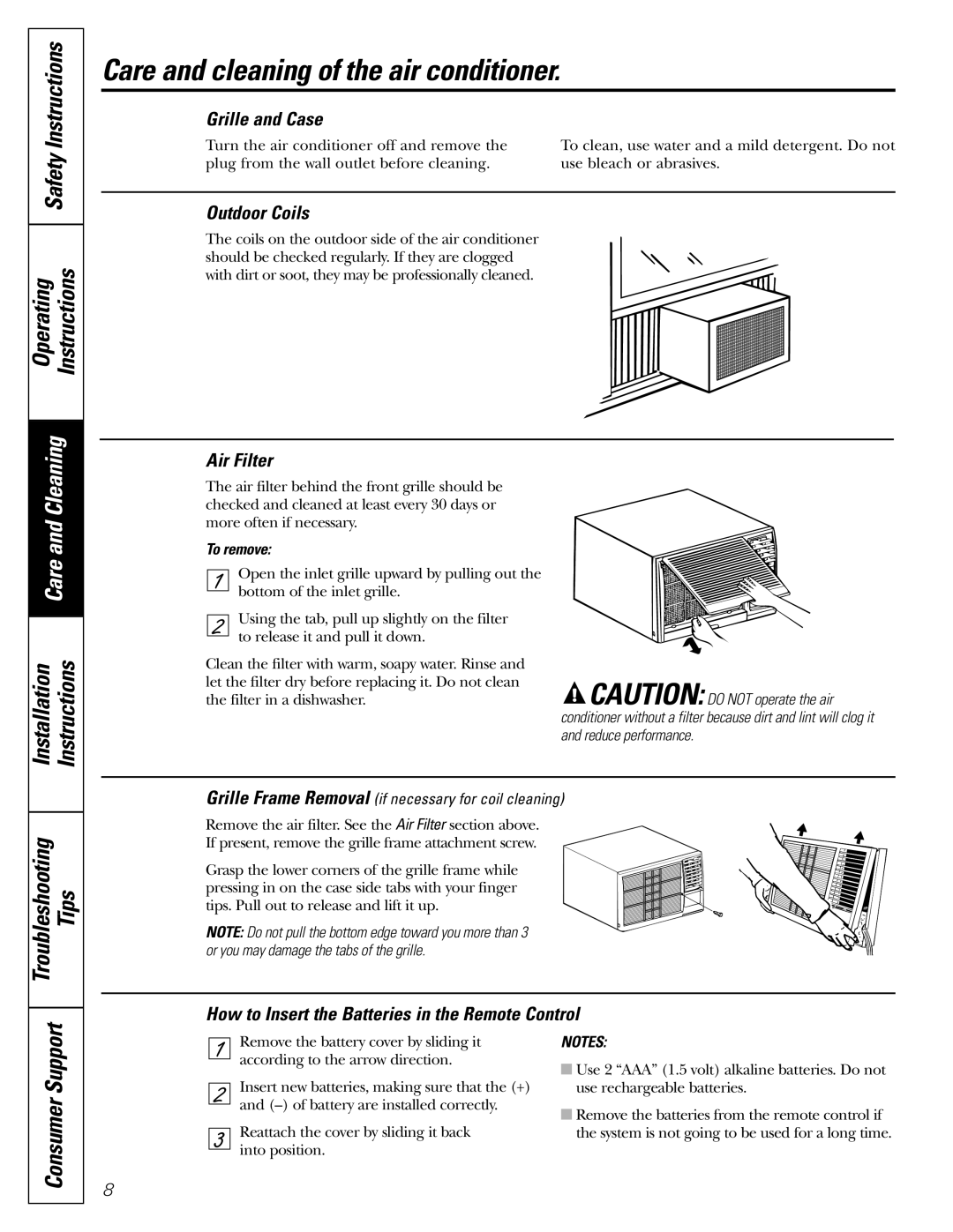 GE AEM25*, AEH25*, AEM18* Care and cleaning of the air conditioner, Operating Instructions, Installation Instructions Tips 