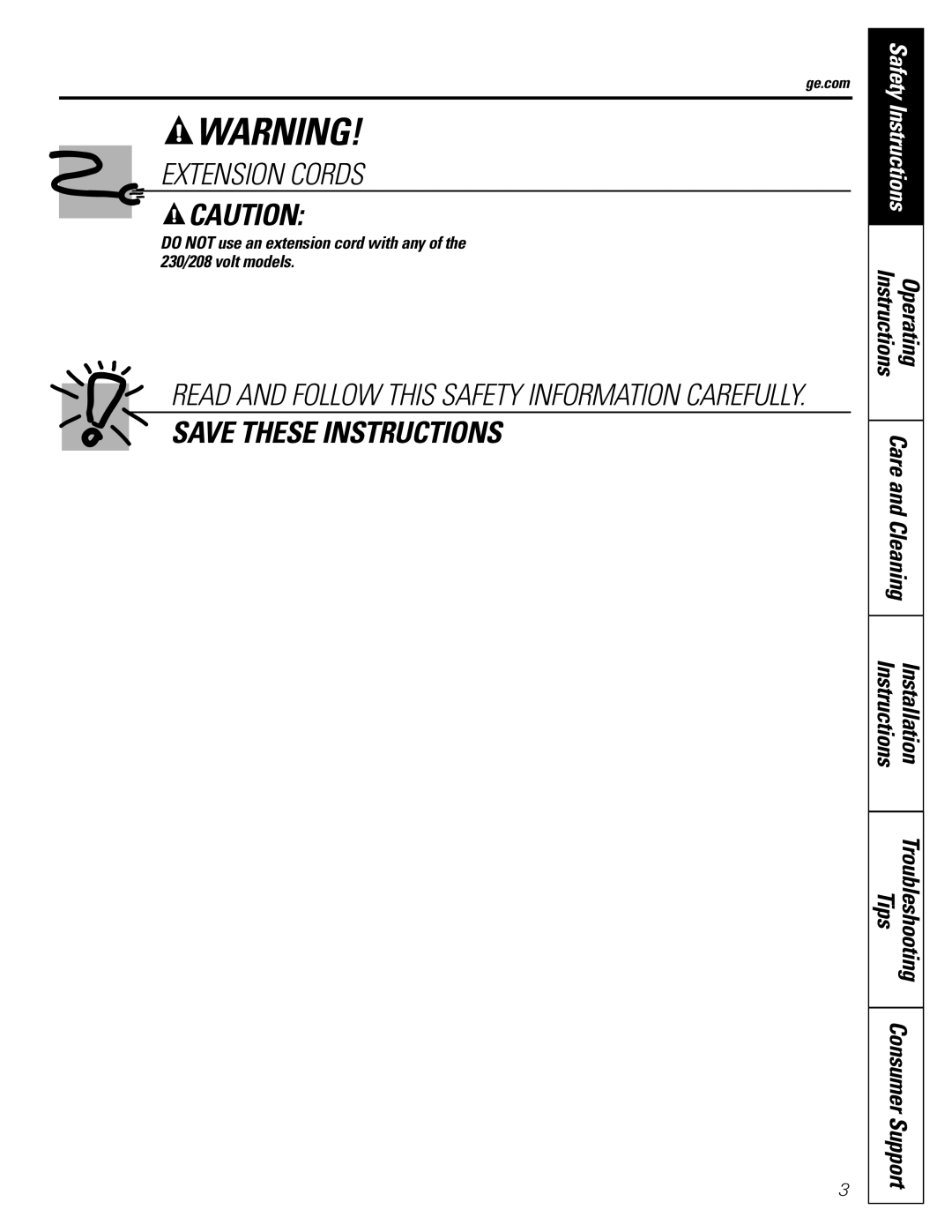 GE AEH18*, AEM25* Extension Cords, Save These Instructions, Installation, Troubleshooting, Operating, Safety Instructions 