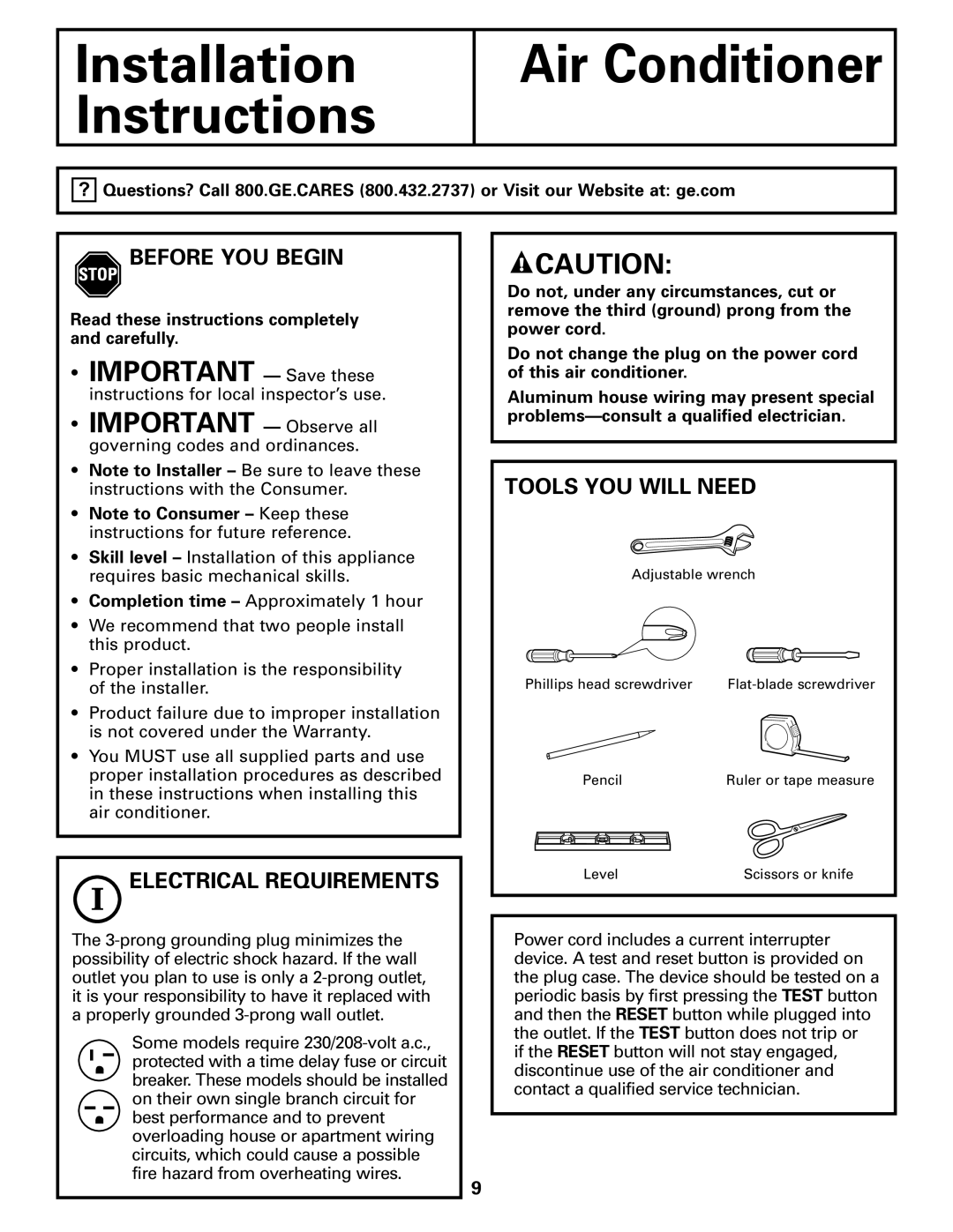 GE AEH25* Installation Instructions, Air Conditioner, IMPORTANT - Save these, Before You Begin, Electrical Requirements 