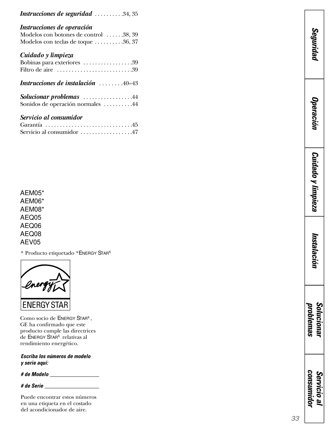 GE AEQ05 installation instructions Servicio al consumidor 