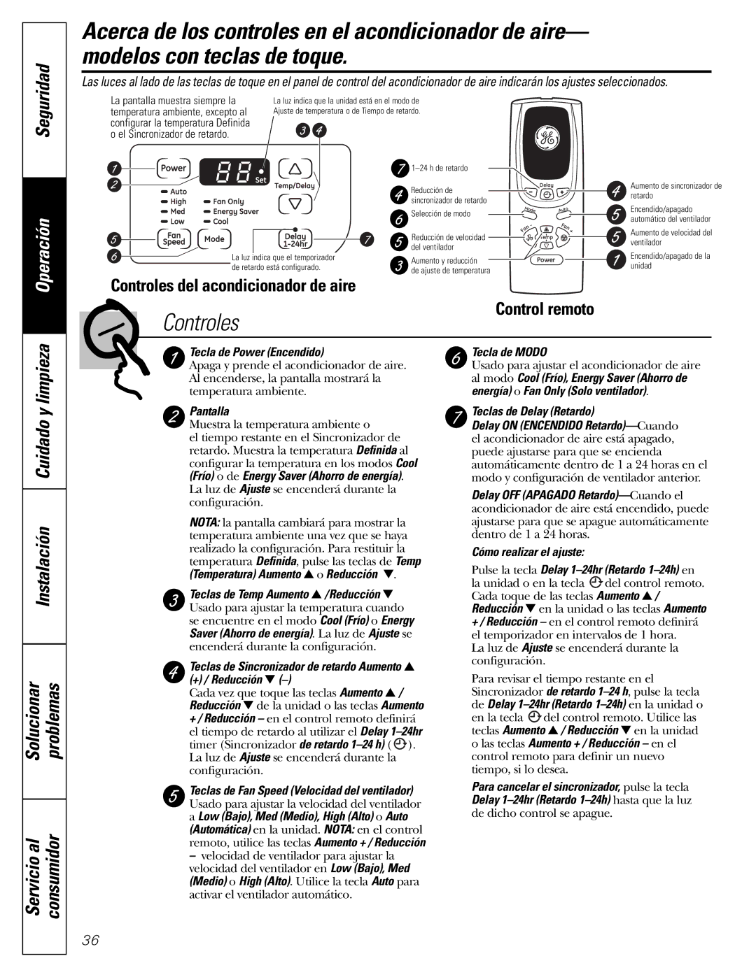 GE AEQ05 installation instructions Seguridad, Operación, Instalación Cuidado y limpieza Solucionar Problemas 