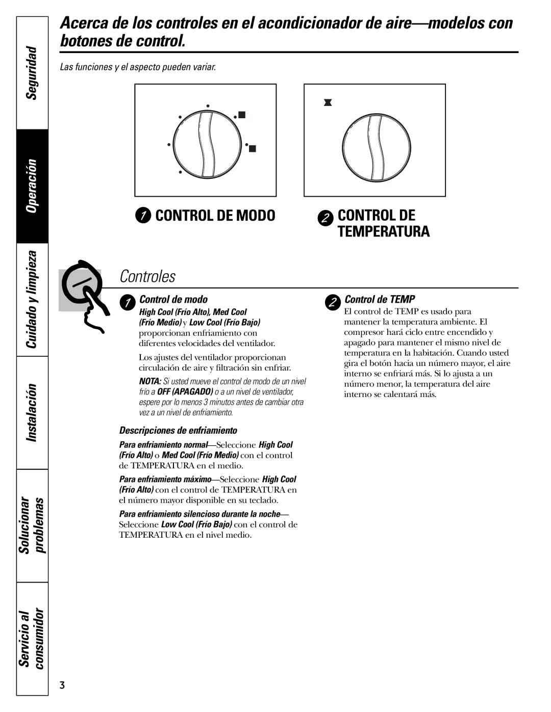 GE AEQ05 installation instructions Control de modo, Control de Temp, Descripciones de enfriamiento 