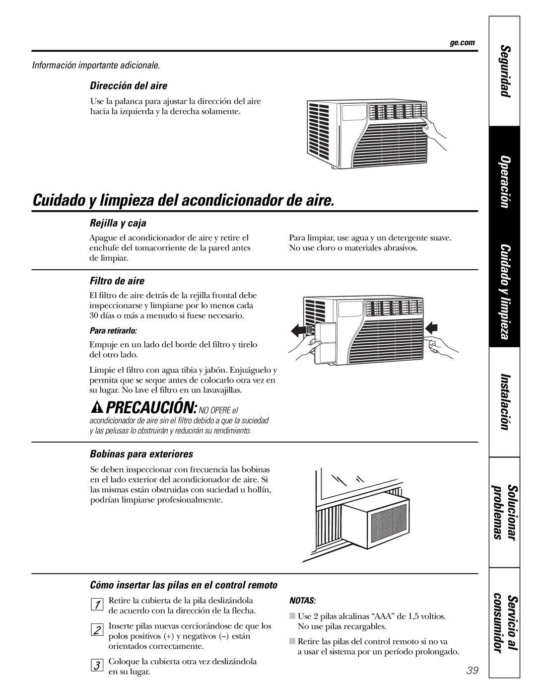 GE AEQ05 Cuidado y limpieza del acondicionador de aire, Precaución no Opere el, Operación Cuidado y limpieza Instalación 