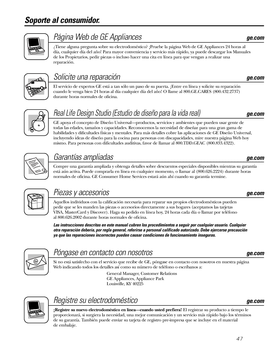 GE AEQ05 Soporte al consumidor Página Web de GE Appliances, Solicite una reparación, Garantías ampliadas 