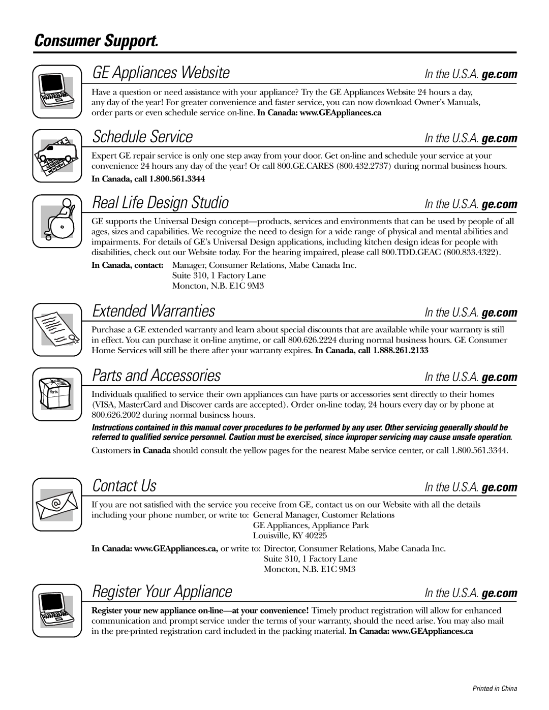 GE AEQ05 installation instructions Consumer Support, Schedule Service 