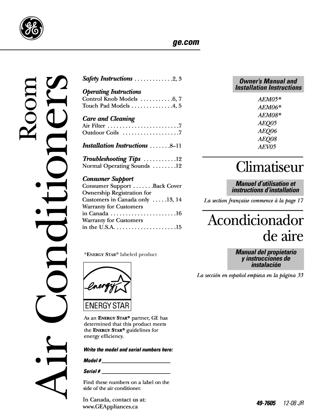 GE AEQ05 installation instructions Climatiseur, Acondicionador de aire, Room, Operating Instructions, Care and Cleaning 