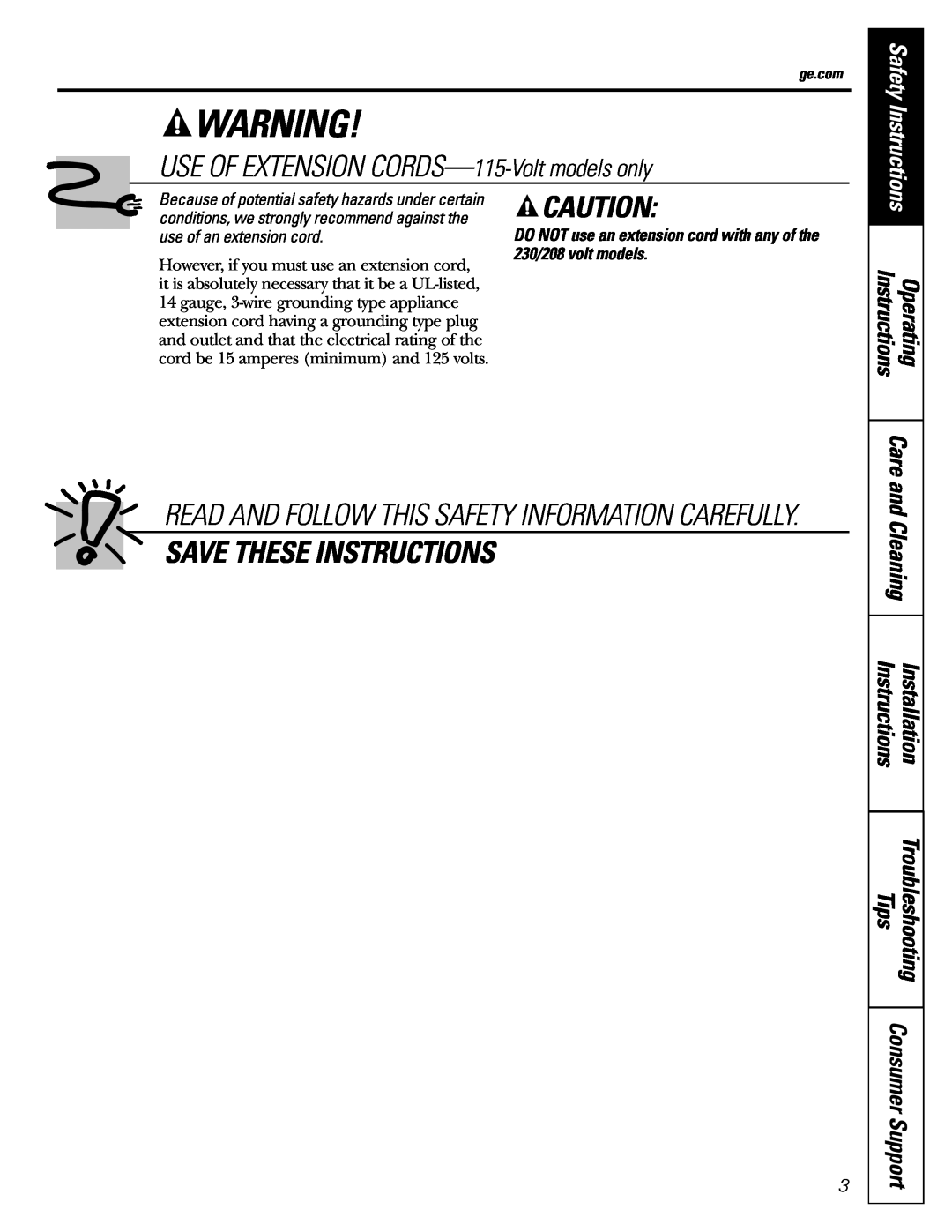 GE AEQ05 USE OF EXTENSION CORDS-115-Voltmodels only, Save These Instructions, Care and, Installation, Safety Instructions 