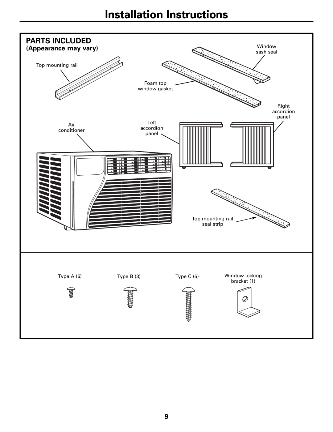GE AEQ05 installation instructions Installation Instructions, Parts Included, Appearance may vary 