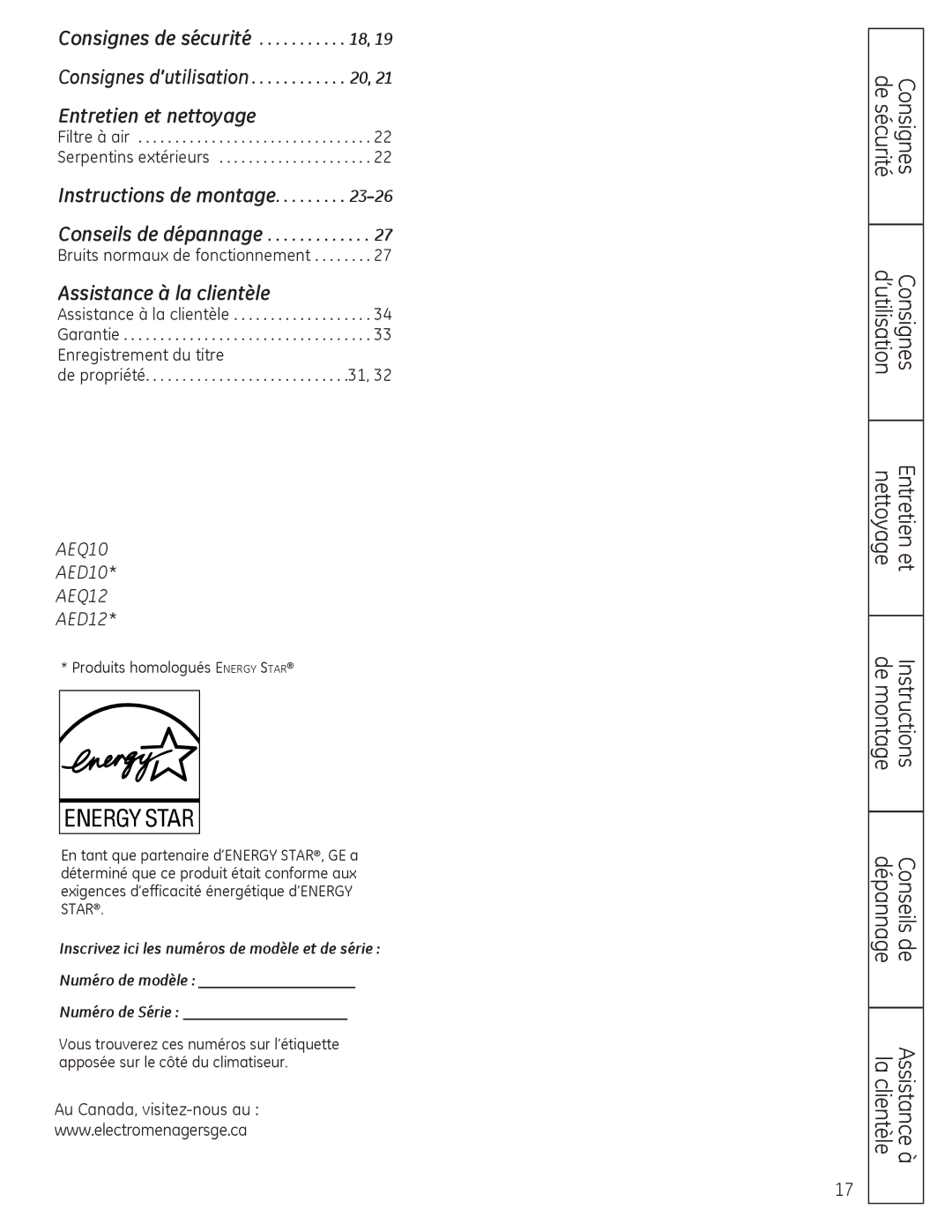 GE AEQ12, AEQ10, AED10*, AED12* Assistance à la clientèle, Conseils de dépannage Bruits normaux de fonctionnement 