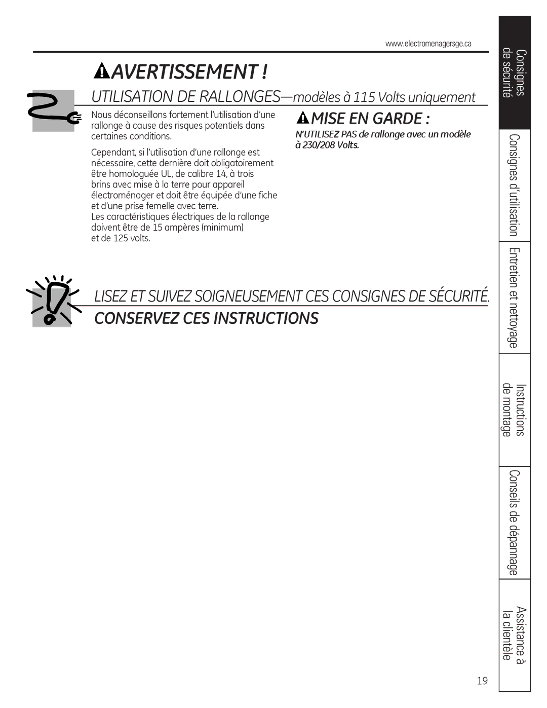 GE AED12*, AEQ10, AEQ12, AED10* installation instructions Utilisation DE RALLONGES-modèles à 115 Volts uniquement 