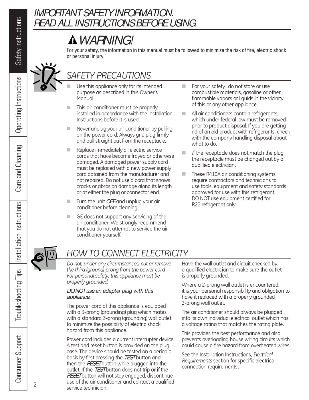 GE AED10*, AEQ10, AEQ12, AED12* installation instructions Safety Precautions, Do not use an adapter plug with this appliance 