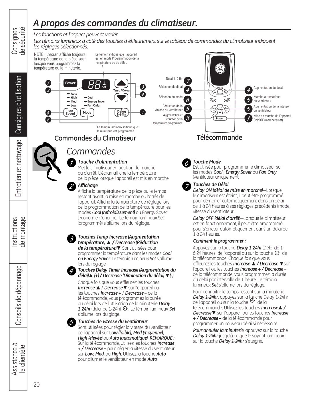 GE AEQ10, AEQ12, AED10*, AED12* installation instructions Propos des commandes du climatiseur 