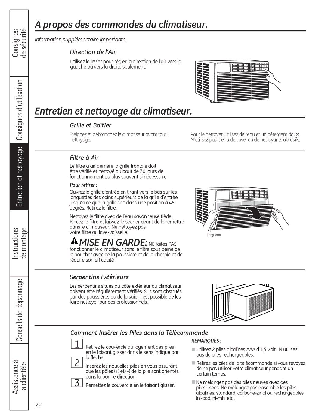 GE AED10*, AEQ10, AEQ12, AED12* installation instructions Entretien et nettoyage du climatiseur, Mise EN Garde NE faites PAS 