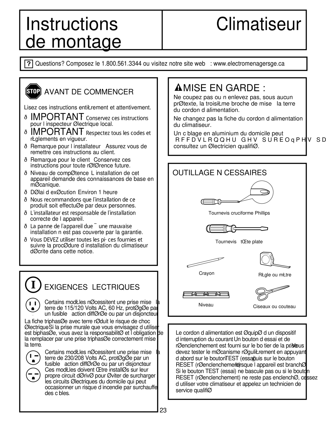 GE AED12*, AEQ10, AEQ12, AED10* installation instructions Avant DE Commencer, Exigences Électriques, Outillage Nécessaires 