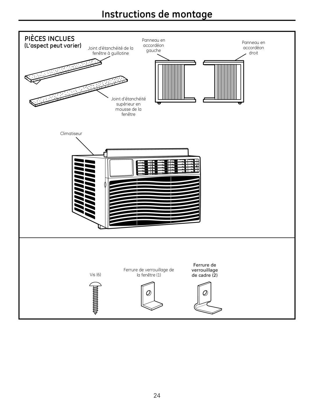 GE AEQ10, AEQ12, AED10*, AED12* installation instructions Instructions de montage, Pièces Inclues 